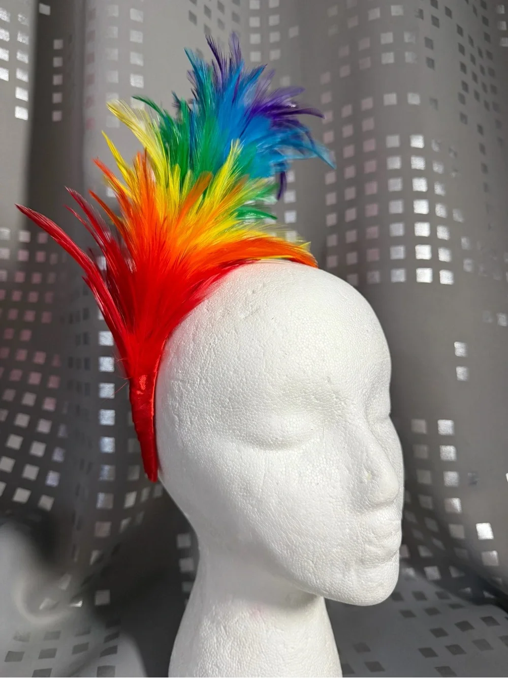 Adult Rainbow Feather Headband on Red Satin Ribbon Base